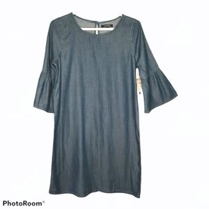 George Chambray Shift Dress Bell Sleeve Round Neck Womens Size XS New